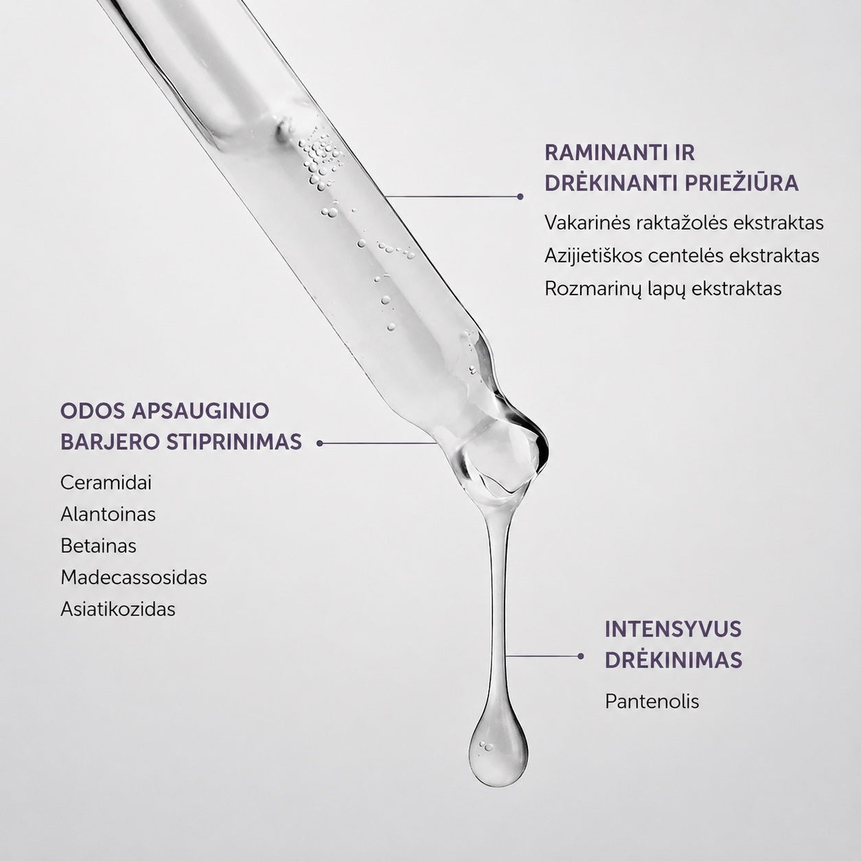 Demaf Panthenol 30% Wonder Drops serum from bareskin.lt showing a clear hydrating ampoule droplet from a pipette.