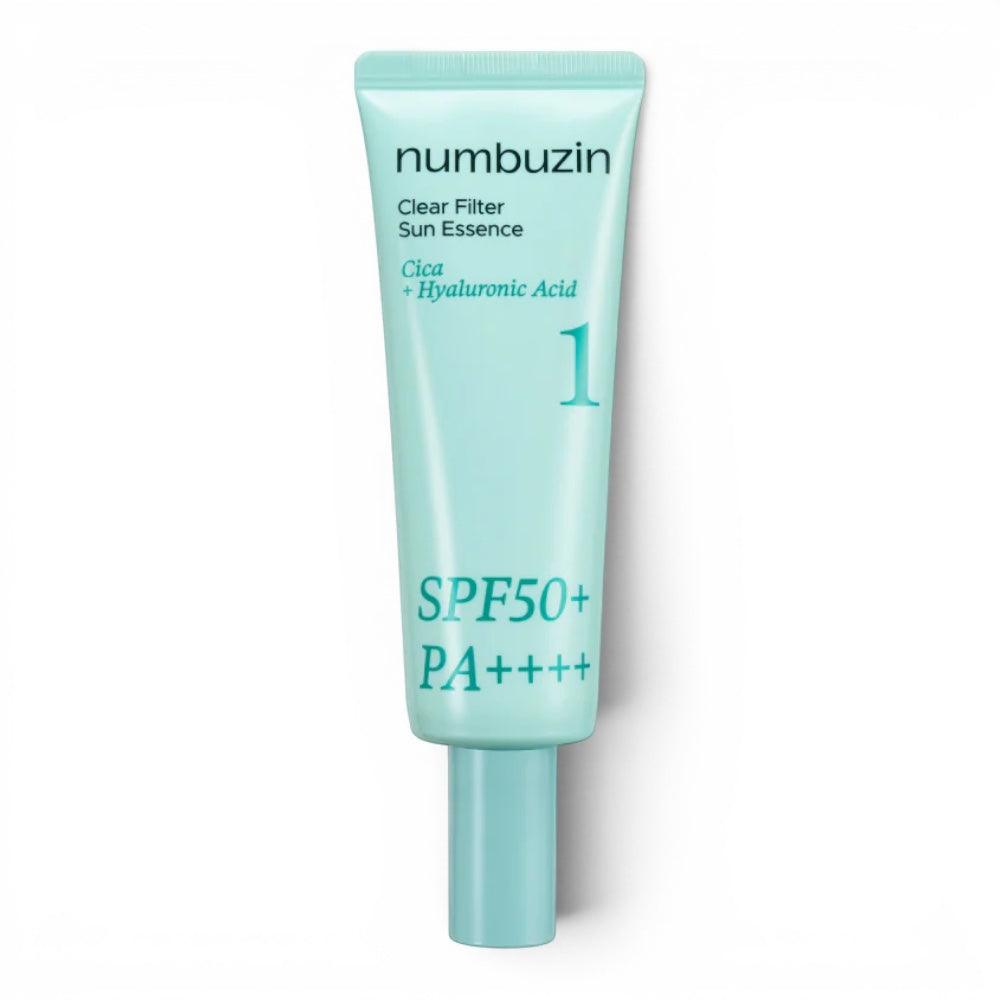 Numbuzin No.1 Clear Filter Sun Essence SPF50+ PA++++ in a light blue tube from bareskin.lt for soothing sun protection
