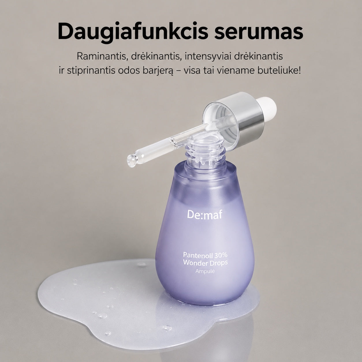 De:maf Panthenol 30% Wonder Drops serum in a purple bottle with a dropper, sold at bareskin.lt for skin hydration.
