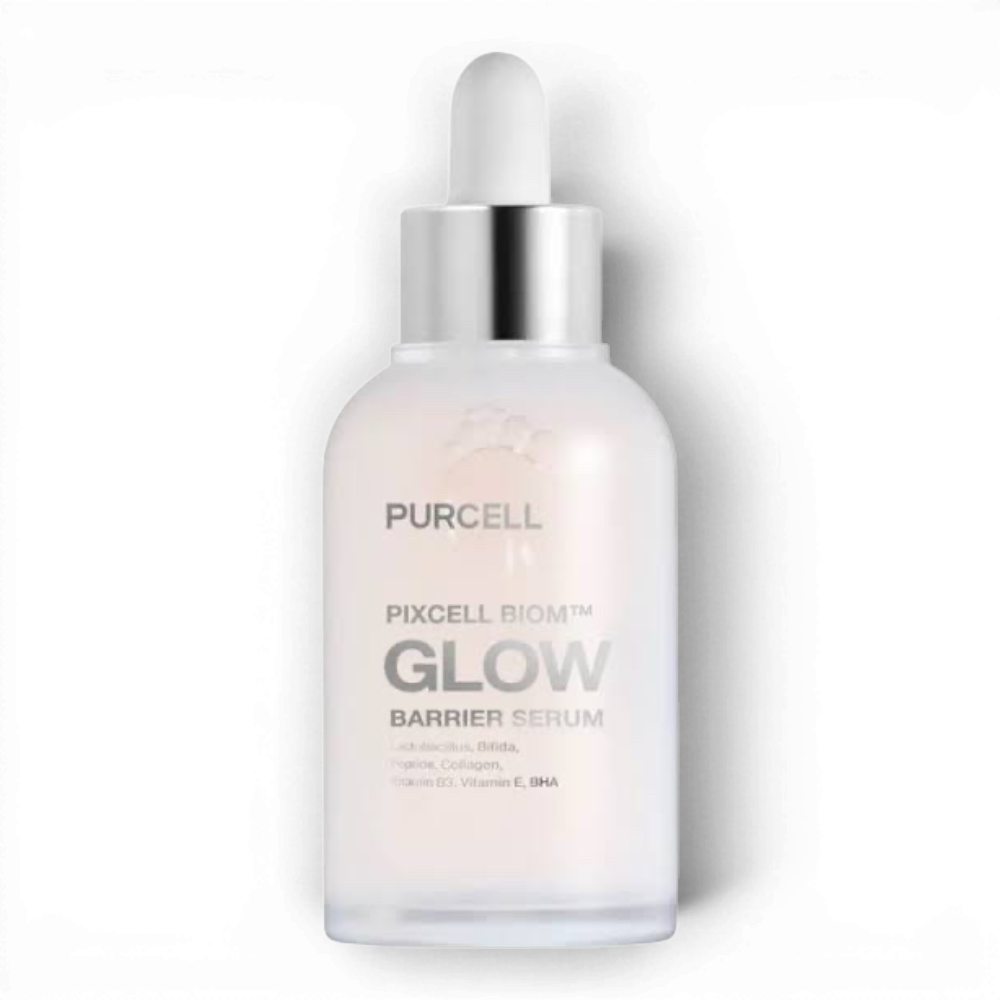 PURCELL Pixcell Biom Glow Barrier Serum in a frosted glass bottle with a dropper, available at bareskin.lt
