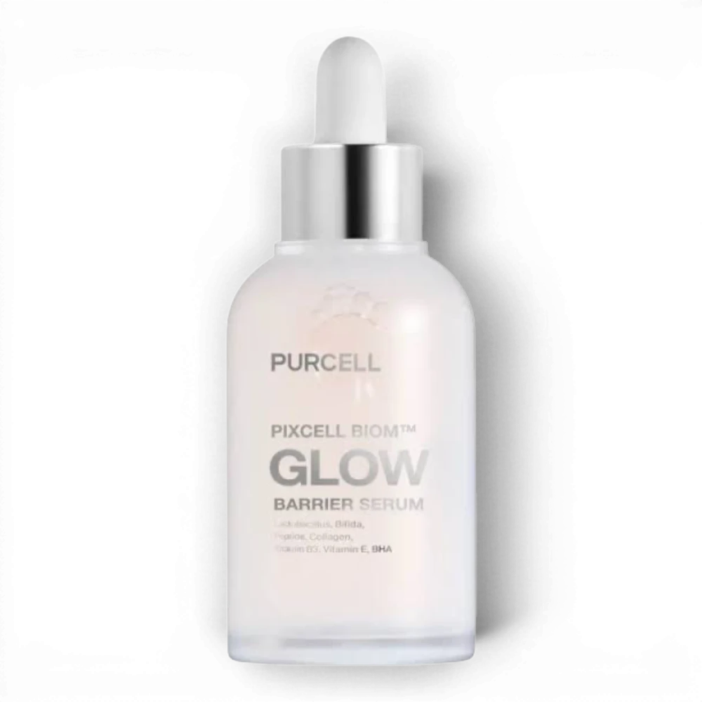 PURCELL Pixcell Biom Glow Barrier Serum in a frosted glass bottle with a dropper, available at bareskin.lt