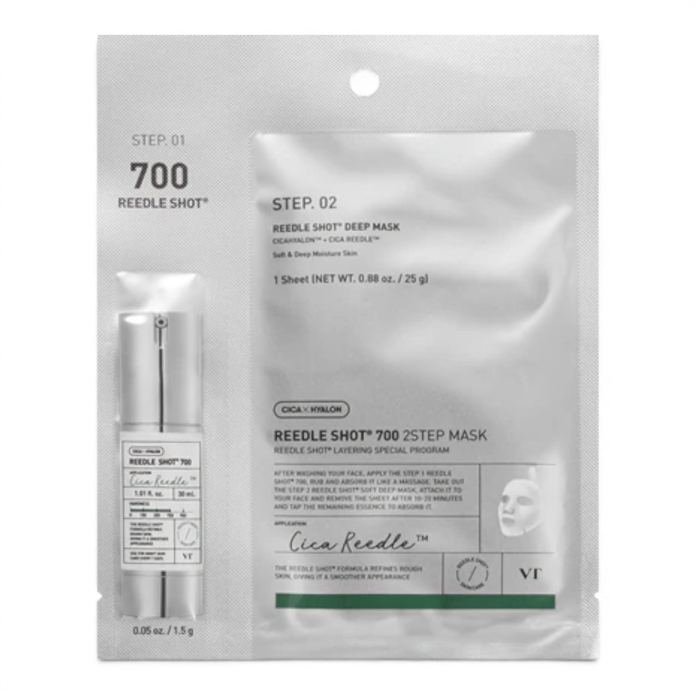 VT Cosmetics Reedle Shot 700 2-step mask set from bareskin.lt featuring a treatment ampoule and vegan sheet mask