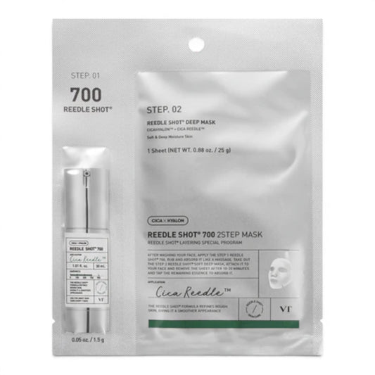 VT Cosmetics Reedle Shot 700 2-step mask set from bareskin.lt featuring a treatment ampoule and vegan sheet mask