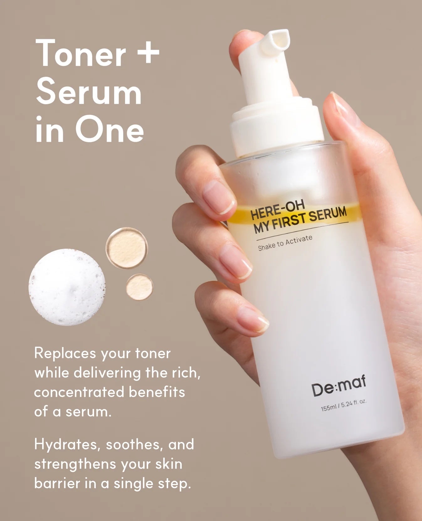 bareskin.lt De:maf Here-Oh My First Serum dual-phase hydrating facial serum in a clear pump bottle.