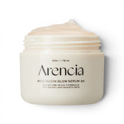 Arencia Rice Mucin Glow Serum 30 in a jar with a light gel texture, available at bareskin.lt for bright skin.