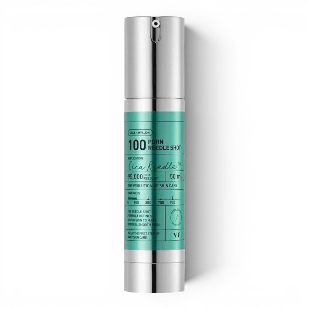 VT Cosmetics PDRN Reedle Shot 100 ampoule by bareskin.lt in a metallic teal 50ml pump bottle for skin texture.