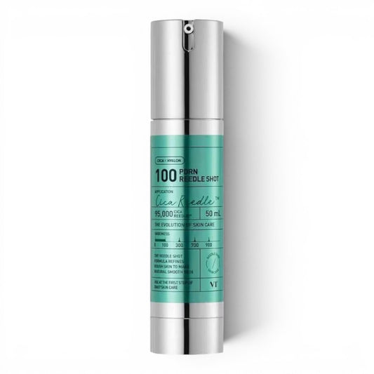 VT Cosmetics PDRN Reedle Shot 100 ampoule by bareskin.lt in a metallic teal 50ml pump bottle for skin texture.