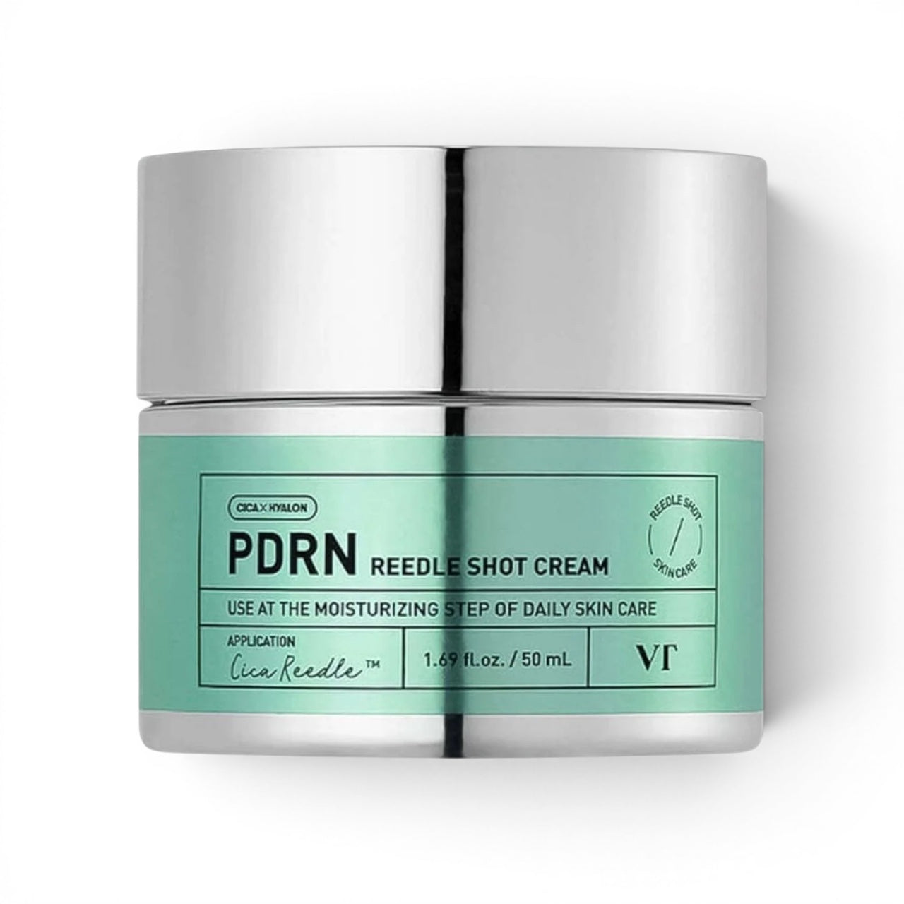 VT Cosmetics PDRN Reedle Shot Cream in a 50ml mint green and silver jar from bareskin.lt for skin smoothing.