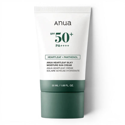 Anua Heartleaf Silky Moisture Sun Cream SPF 50+ from bareskin.lt, a soothing hydrating sunscreen for sensitive skin.