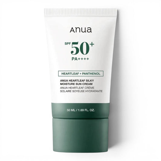 Anua Heartleaf Silky Moisture Sun Cream SPF 50+ from bareskin.lt, a soothing hydrating sunscreen for sensitive skin.