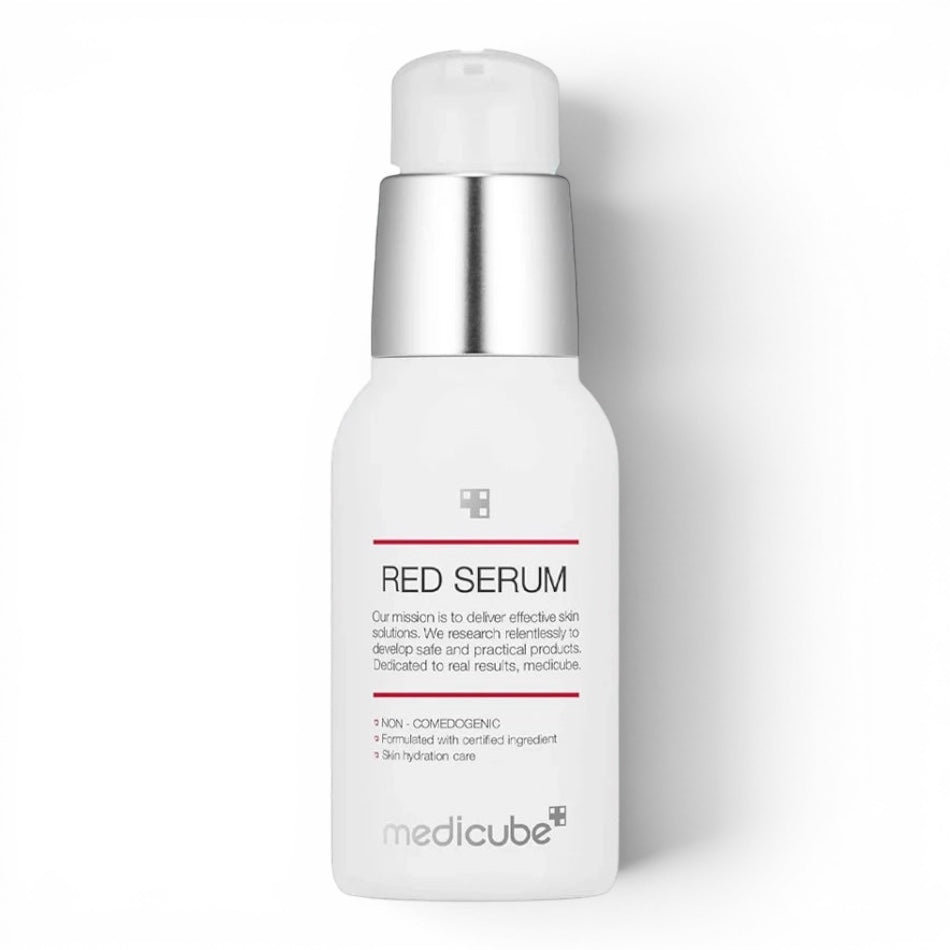 Medicube Red Serum for acne-prone skin by bareskin.lt in a white pump bottle with salicylic acid and niacinamide.