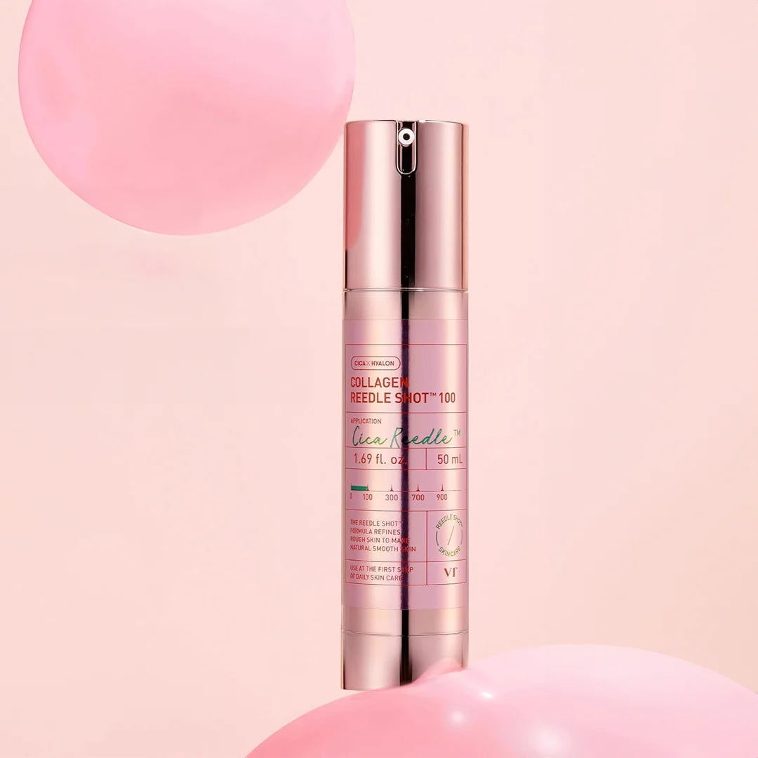 VT Cosmetics Collagen Reedle Shot 100 ampoule by bareskin.lt in a metallic pink bottle with decorative pink balloons.