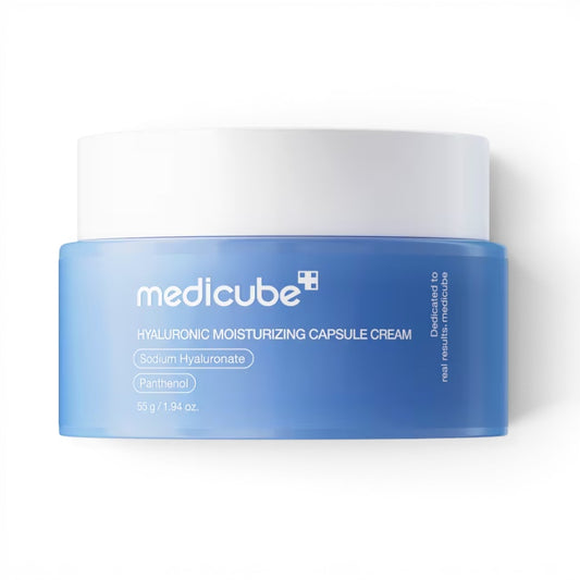 Medicube Hyaluronic Acid Capsule Cream in a blue jar from bareskin.lt for deep skin hydration and barrier support.