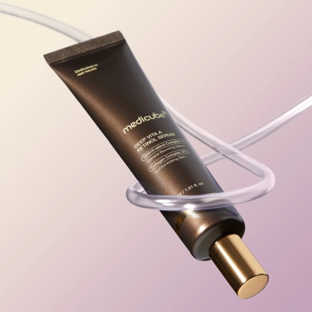 Medicube Deep Vita A Retinol Serum from bareskin.lt in a brown tube with gold cap for anti-aging skincare.