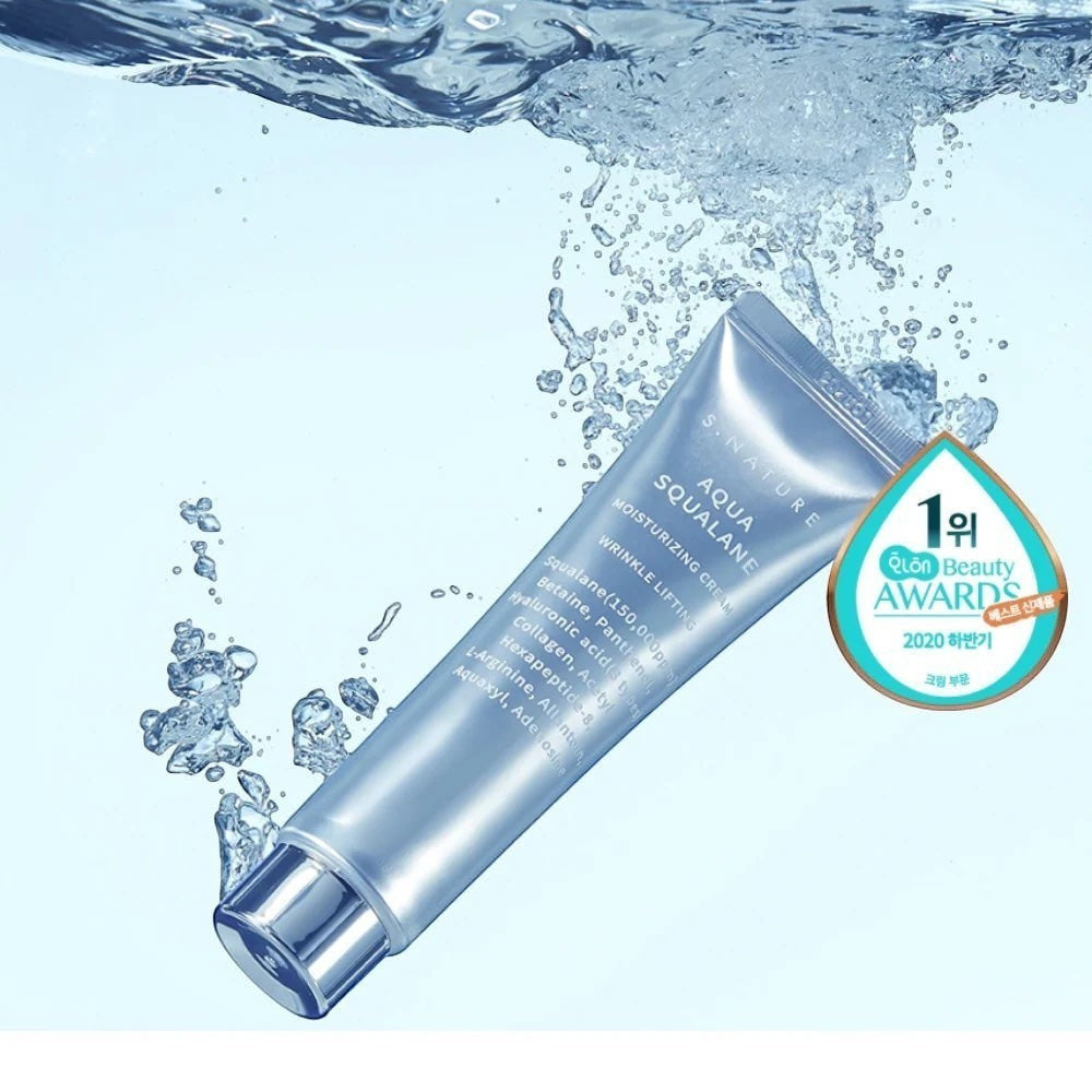 S.NATURE Aqua Squalane Moisturizing Cream from bareskin.lt in a silver tube floating in water with bubbles