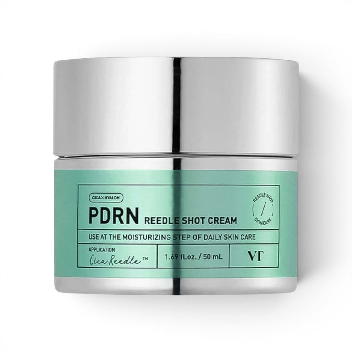 VT Cosmetics PDRN Reedle Shot Cream in a 50ml mint green and silver jar from bareskin.lt for skin smoothing.