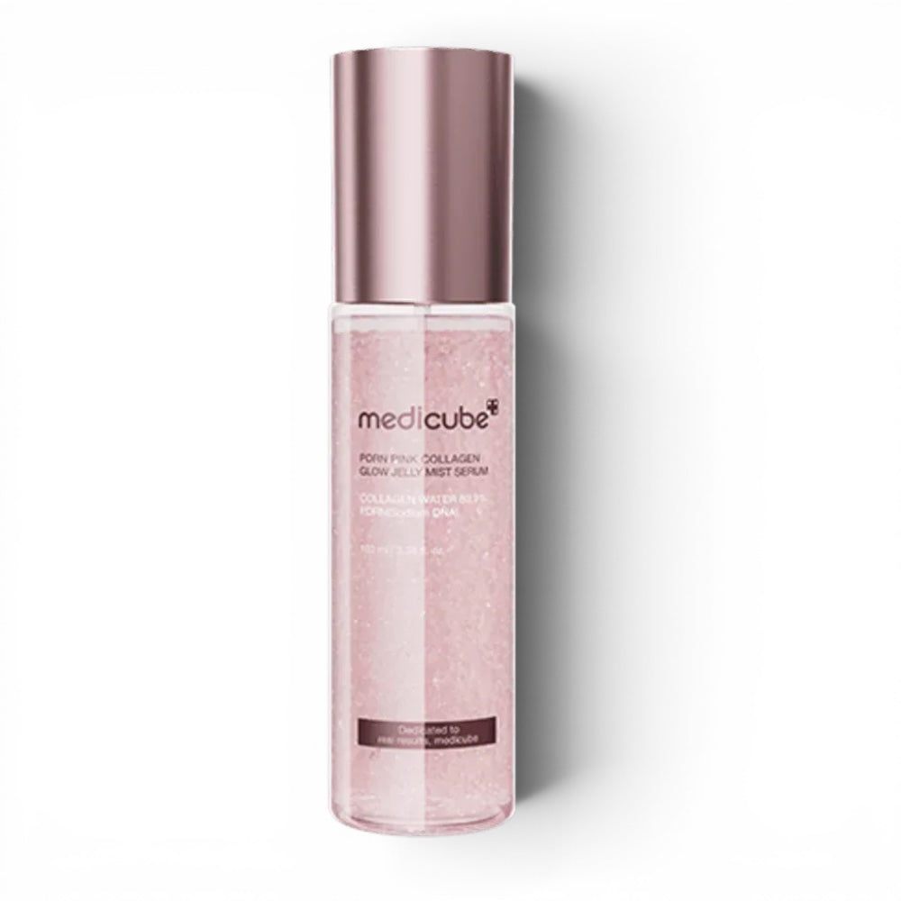 Medicube PDRN Pink Glutathione Serum Mist for glowing skin, sold at bareskin.lt, in a pink jelly spray bottle.