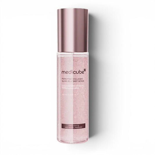 Medicube PDRN Pink Glutathione Serum Mist for glowing skin, sold at bareskin.lt, in a pink jelly spray bottle.