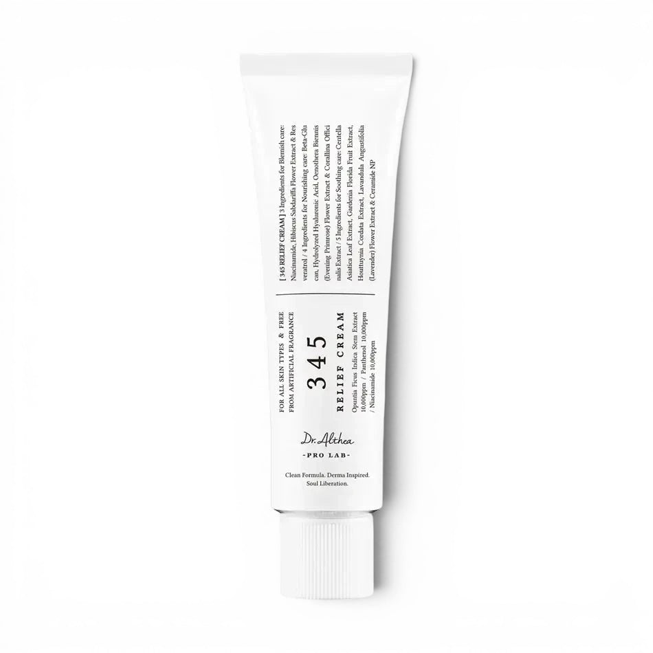 Dr. Althea 345 Relief Cream in a white tube, sold by bareskin.lt, featuring niacinamide and soothing plant extracts.