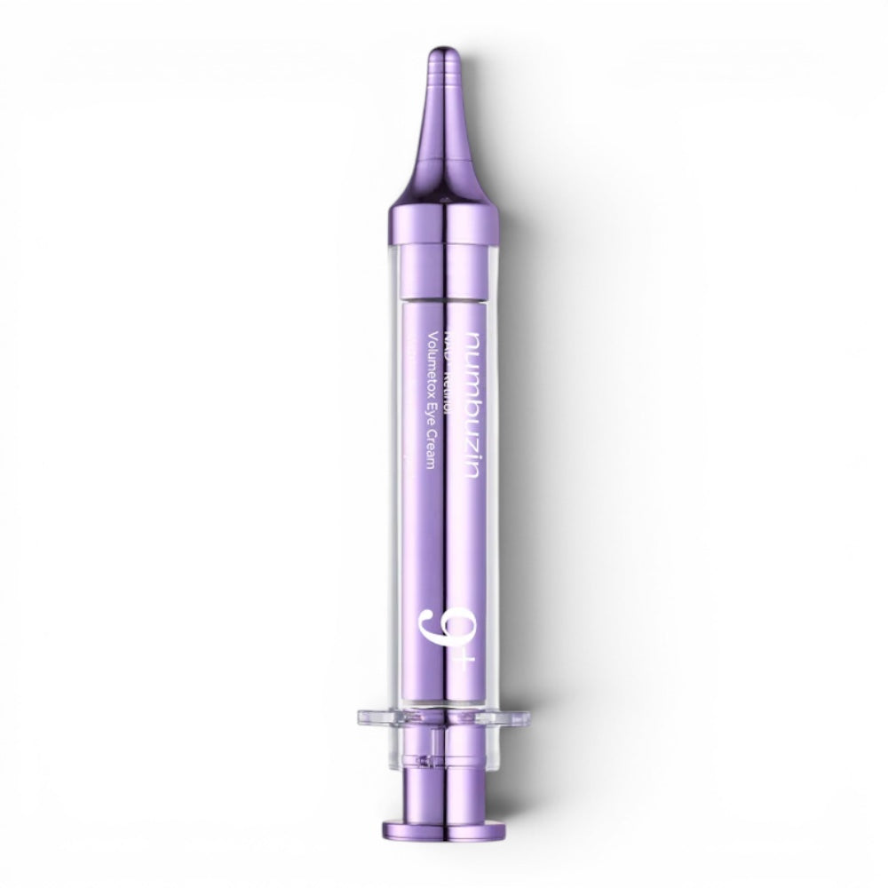 Numbuzin No.9 NAD Retinol Volumetox Eye Cream in a purple syringe-style applicator from bareskin.lt