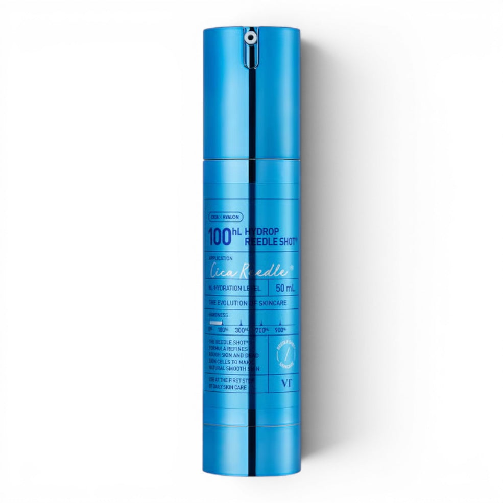 VT cosmetics Hydrop Reedle Shot 100 ampoule in a blue bottle for skin hydration and texture, available at bareskin.lt