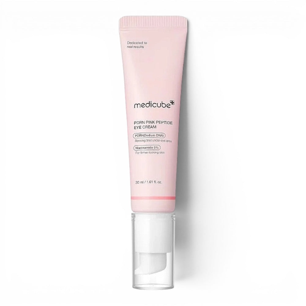Medicube PDRN Pink Peptide Eye Cream from bareskin.lt in a light pink 30ml tube for firming and brightening eyes.