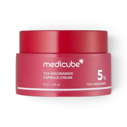 Medicube TXA Niacinamide Capsule Cream from bareskin.lt in a red jar for brightening and hydrating skin.