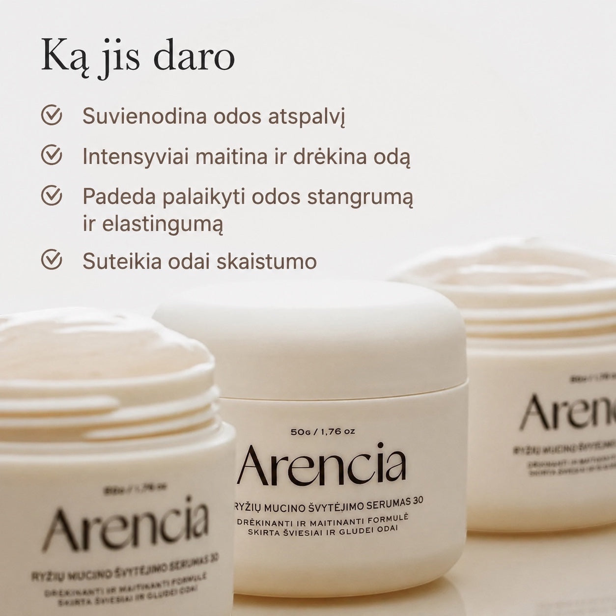 bareskin.lt Arencia Rice Mucin Glow Serum 30 in white jars with hydrating and brightening benefits listed.