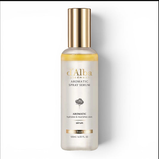 D'Alba White Truffle Aromatic Spray Serum from bareskin.lt for hydrated, glowing skin with avocado oil.