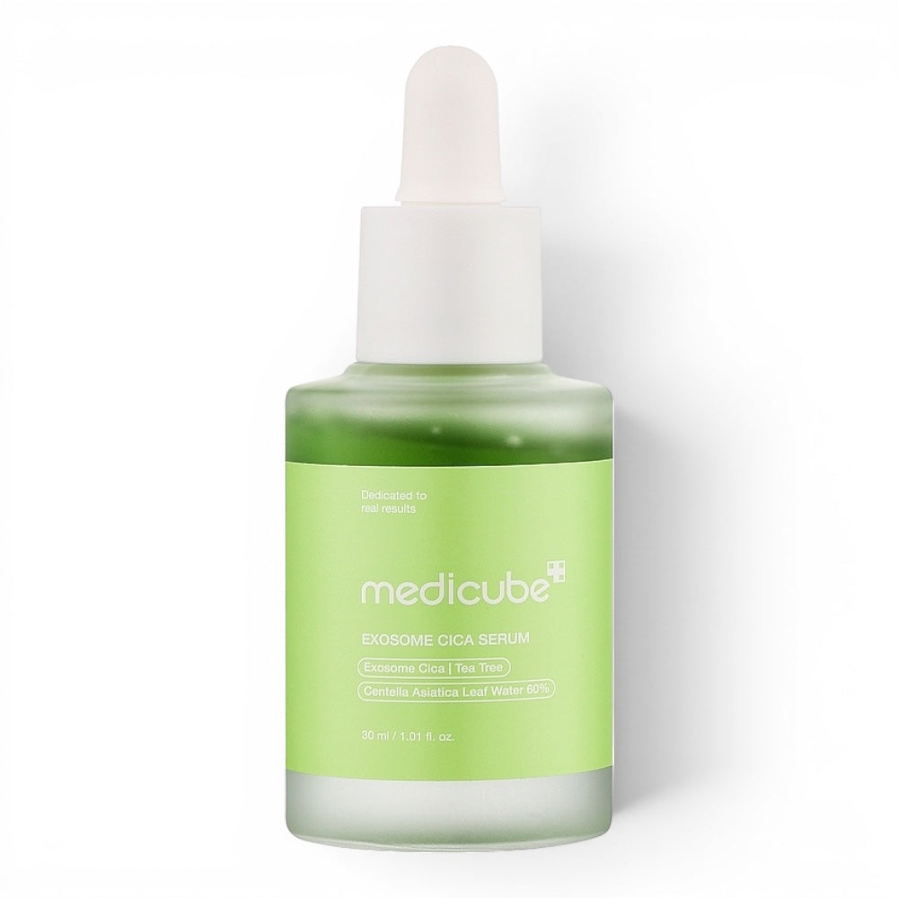 Medicube Exosome Cica Ampoule from bareskin.lt in a green glass dropper bottle for soothing sensitive skin.