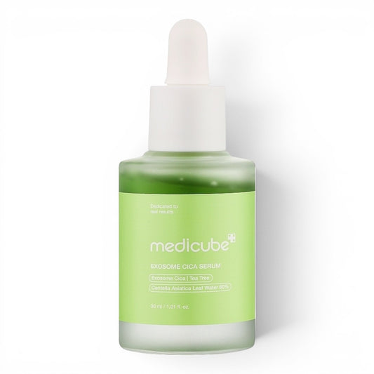 Medicube Exosome Cica Ampoule from bareskin.lt in a green glass dropper bottle for soothing sensitive skin.