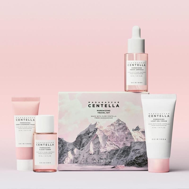 SKIN1004 Madagascar Centella Poremizing Travel Kit from bareskin.lt featuring four skincare minis for pore care.