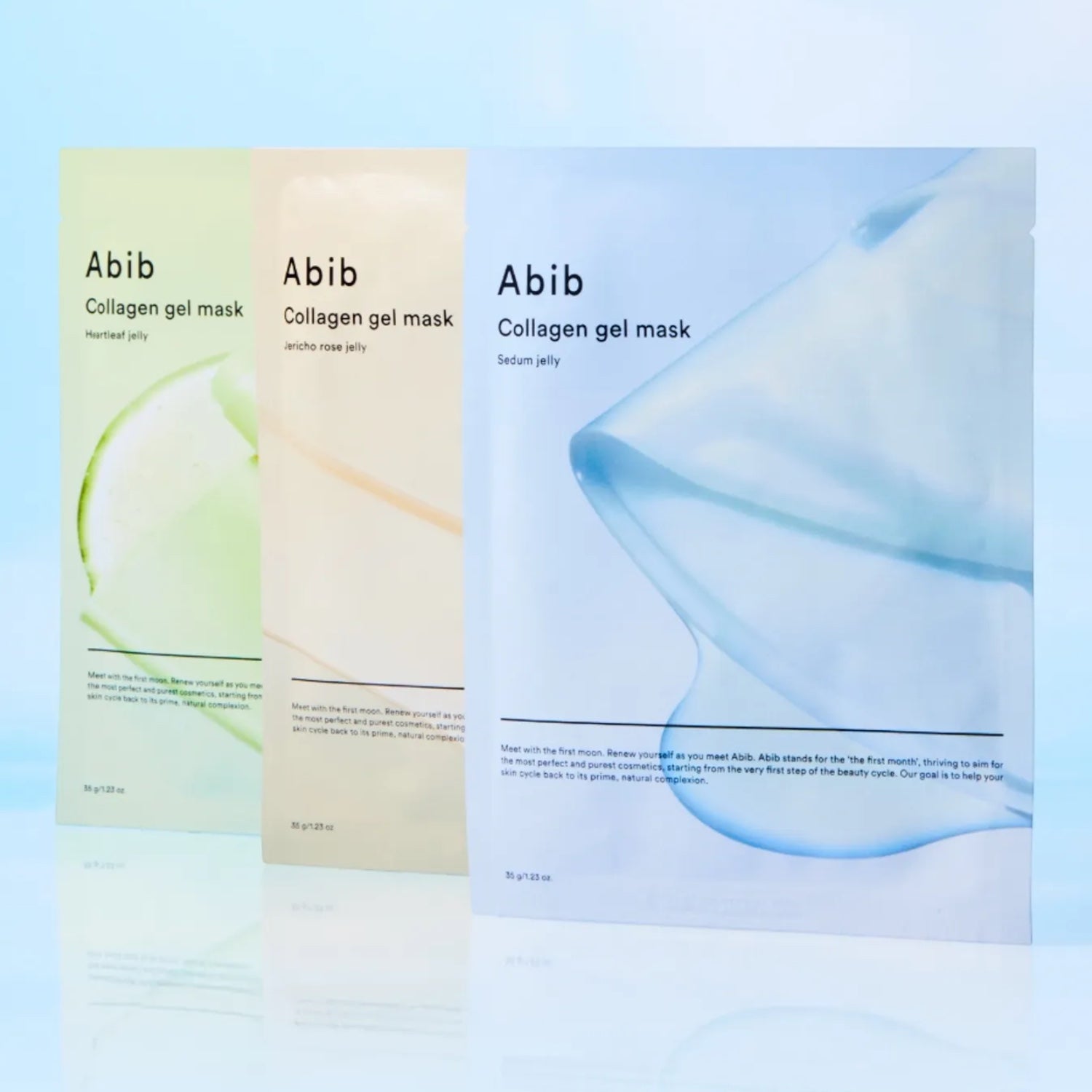 Three Abib collagen hydrogel face masks in green, beige, and blue packaging available at bareskin.lt