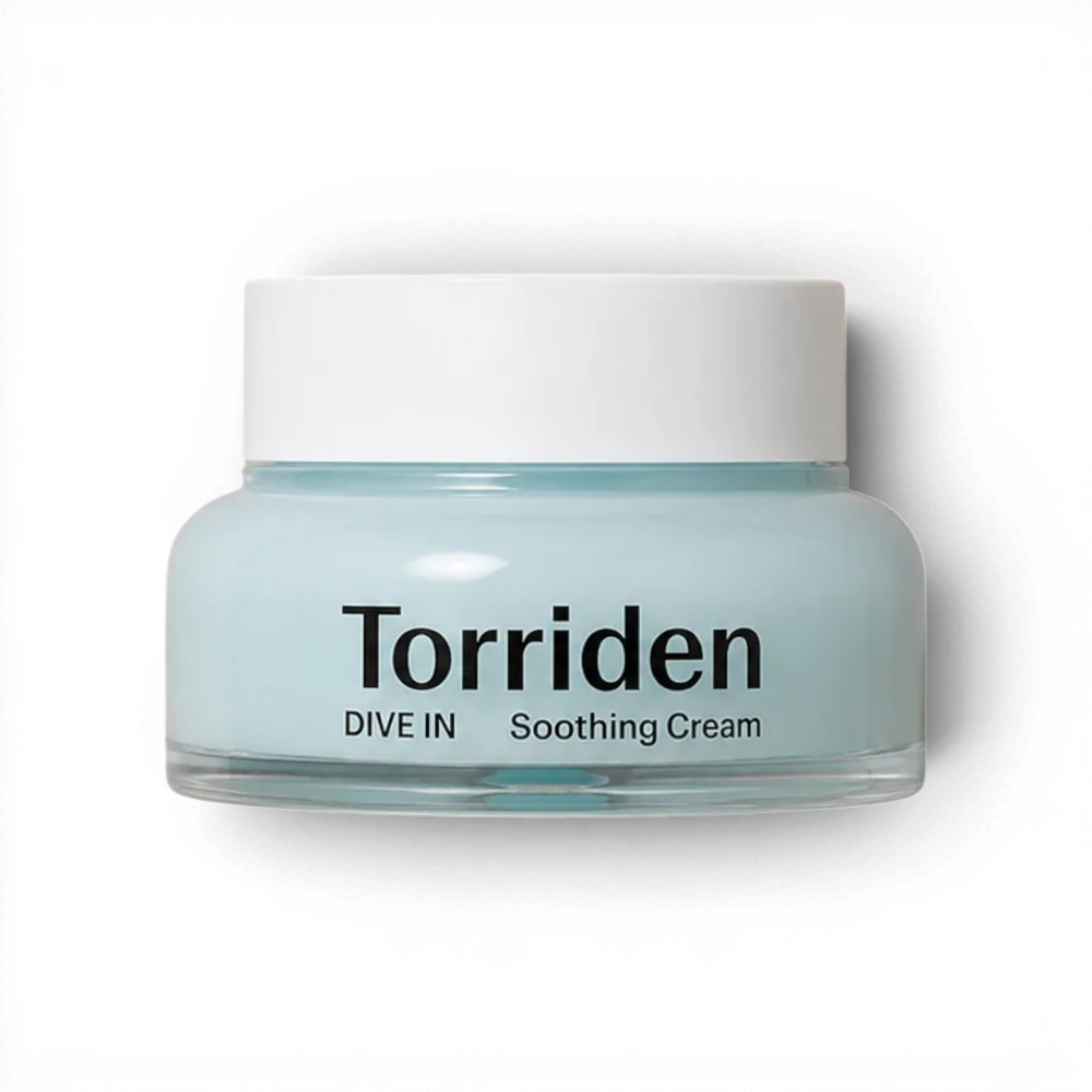 Torriden DIVE-IN Low-Molecular Hyaluronic Acid Soothing Cream in a light blue jar from bareskin.lt