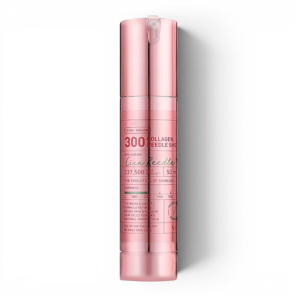 VT Cosmetics Collagen Reedle Shot 300 ampoule in a metallic pink bottle from bareskin.lt for skin texture refinement.