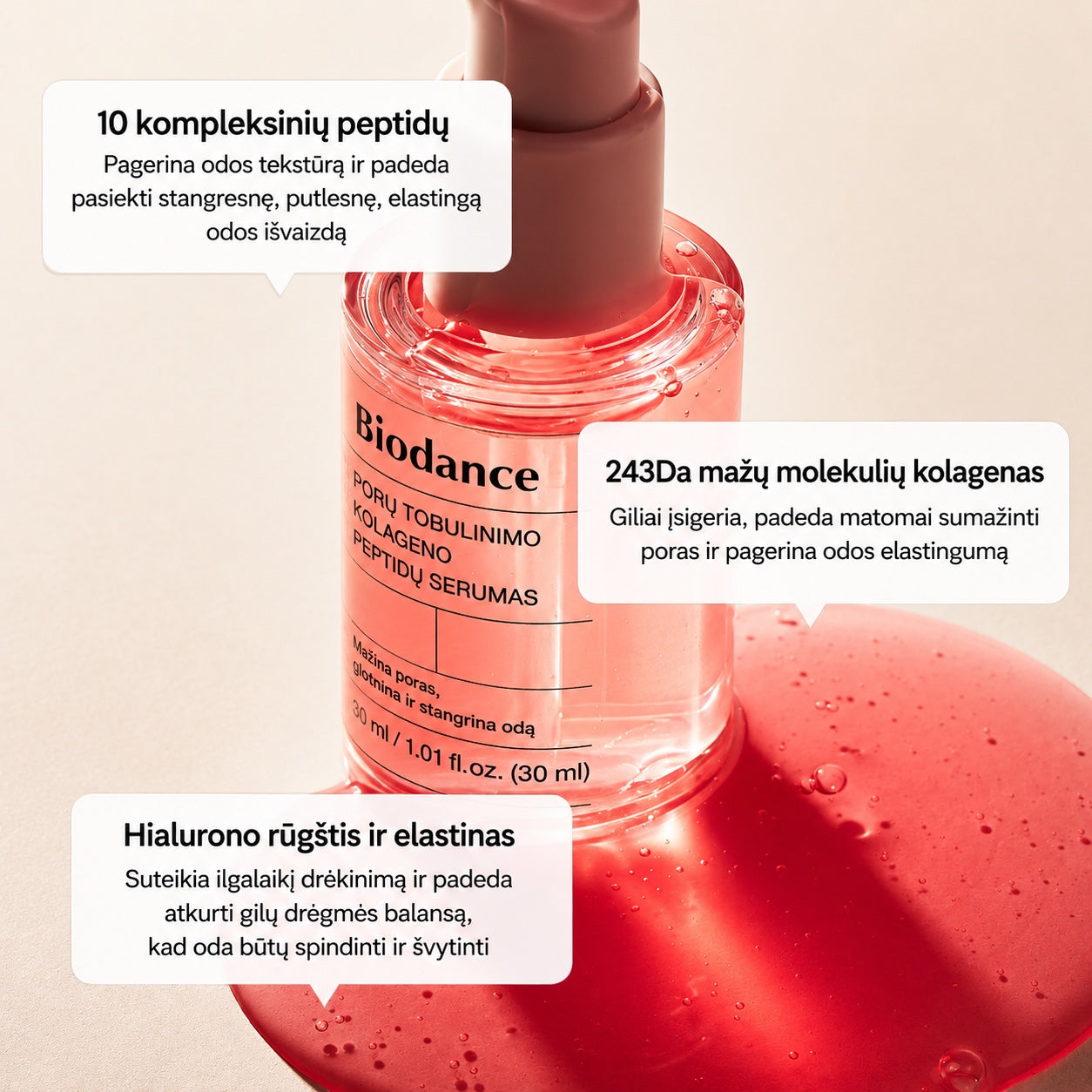 bareskin.lt Biodance Pore Perfecting Collagen Peptide Serum with hyaluronic acid and elastin for skin elasticity.