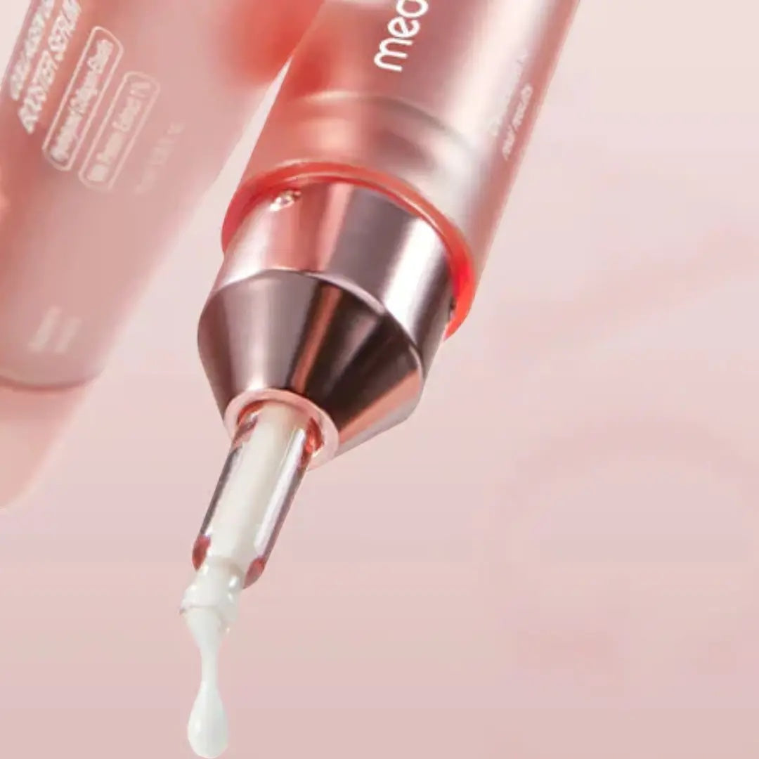 Medicube Collagen Glow Booster Serum from bareskin.lt, a pink bottle dispensing white anti-aging facial serum.