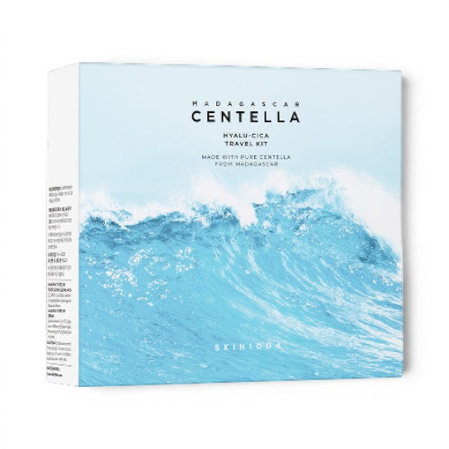 SKIN1004 Madagascar Centella Hyalu-Cica travel kit box from bareskin.lt featuring a blue ocean wave design.