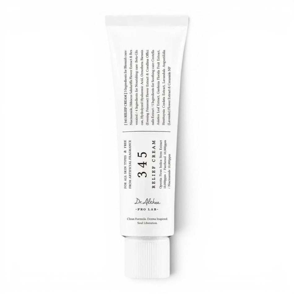 Dr. Althea 345 Relief Cream in a white tube, sold by bareskin.lt, featuring niacinamide and soothing plant extracts.