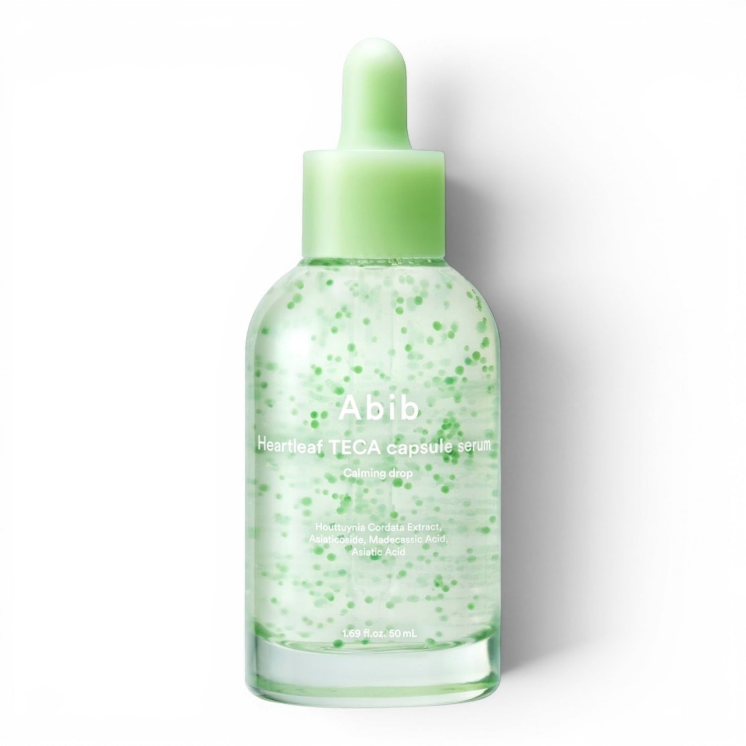 Abib Heartleaf TECA capsule serum from bareskin.lt in a clear bottle with green calming drops for sensitive skin.