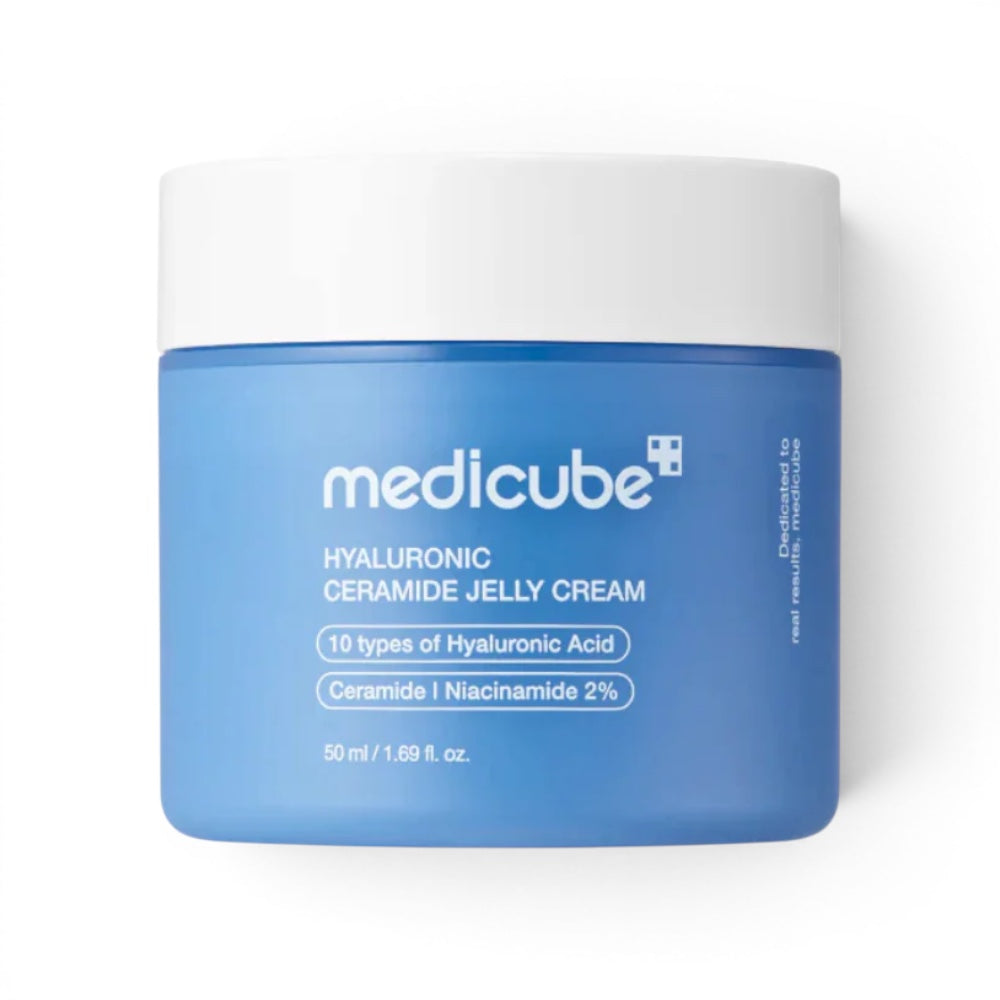 Medicube Hyaluronic Ceramide Jelly Cream by bareskin.lt in a blue jar for deep skin hydration and barrier support.