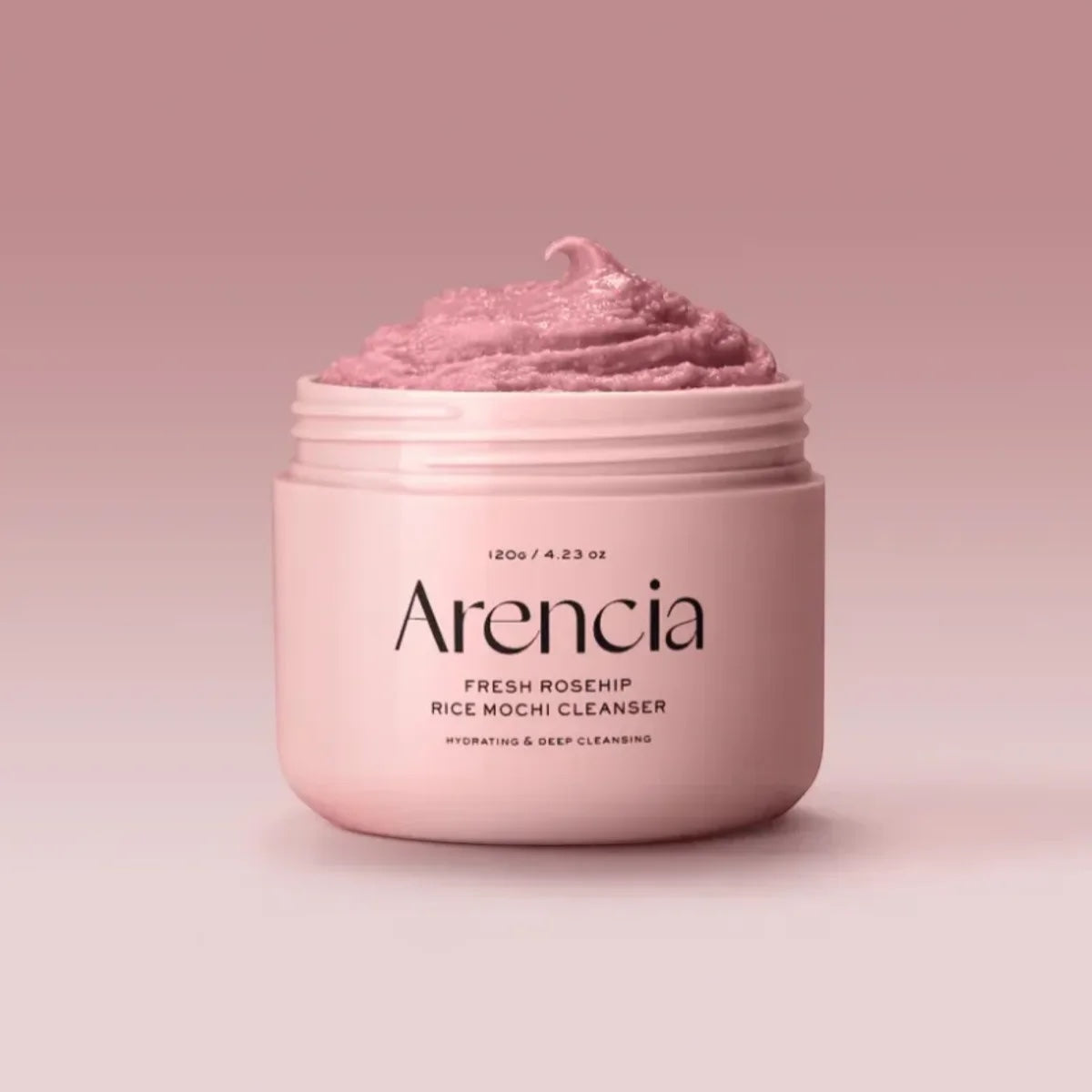 Arencia Fresh Rosehip Rice Mochi Cleanser from bareskin.lt in a pink jar with a unique, soft mochi-like texture.