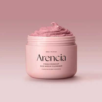 Arencia Fresh Rosehip Rice Mochi Cleanser from bareskin.lt in a pink jar with a unique, soft mochi-like texture.