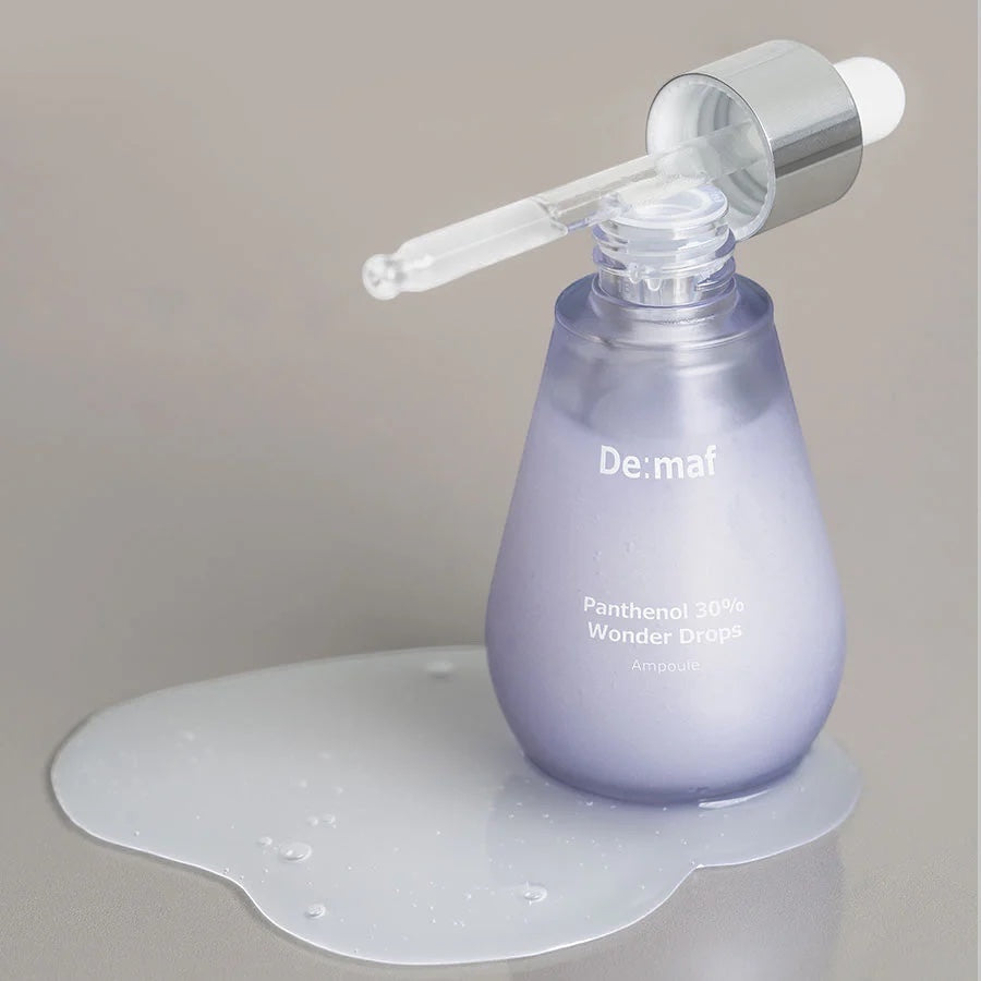 De:maf Panthenol 30% Wonder Drops ampoule serum from bareskin.lt in a light purple bottle with a glass dropper.